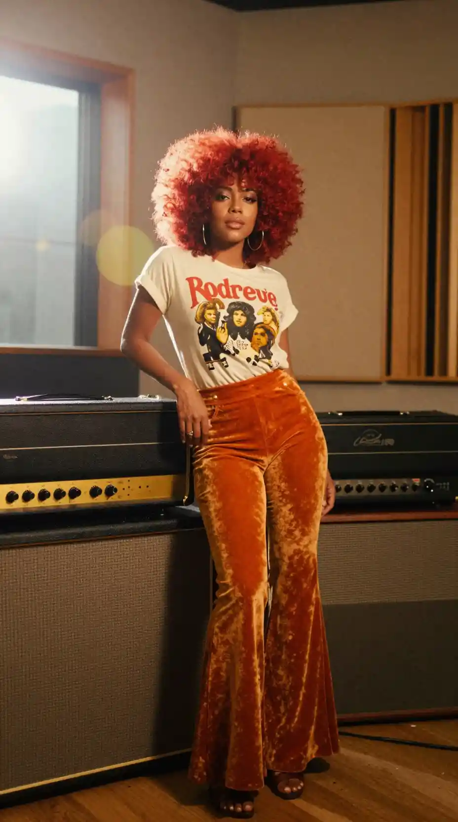 Retro-Frau mit rotem Afro im Verstärkerstudio