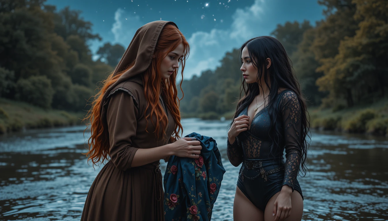 Close up of two Irish women under a starry night sky