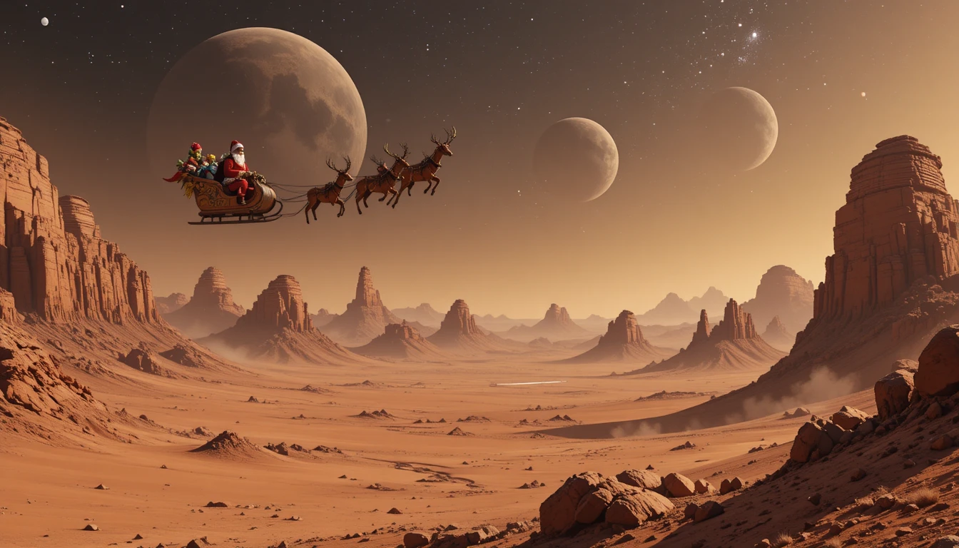 Grünes Alienkind beobachtet den Weihnachtsmann über den Bergen des Mars
