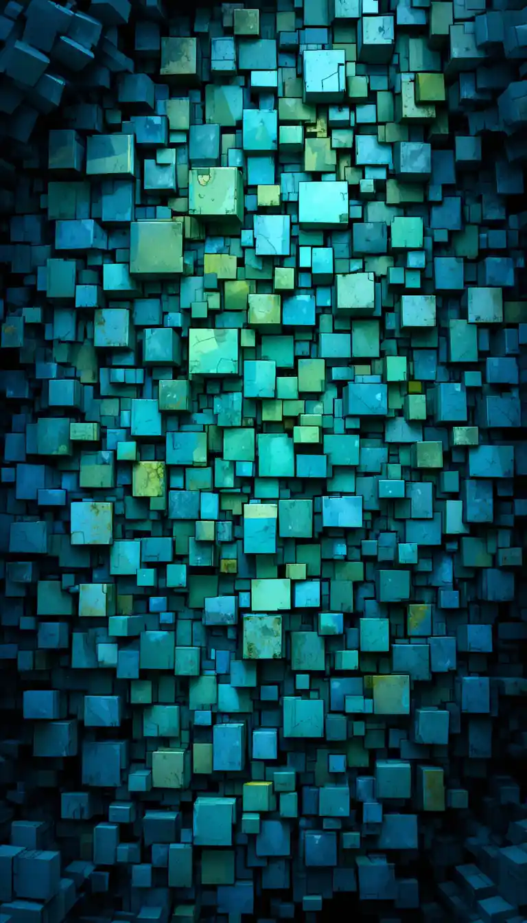 Colorful geometric mosaic of blue and green digital squares