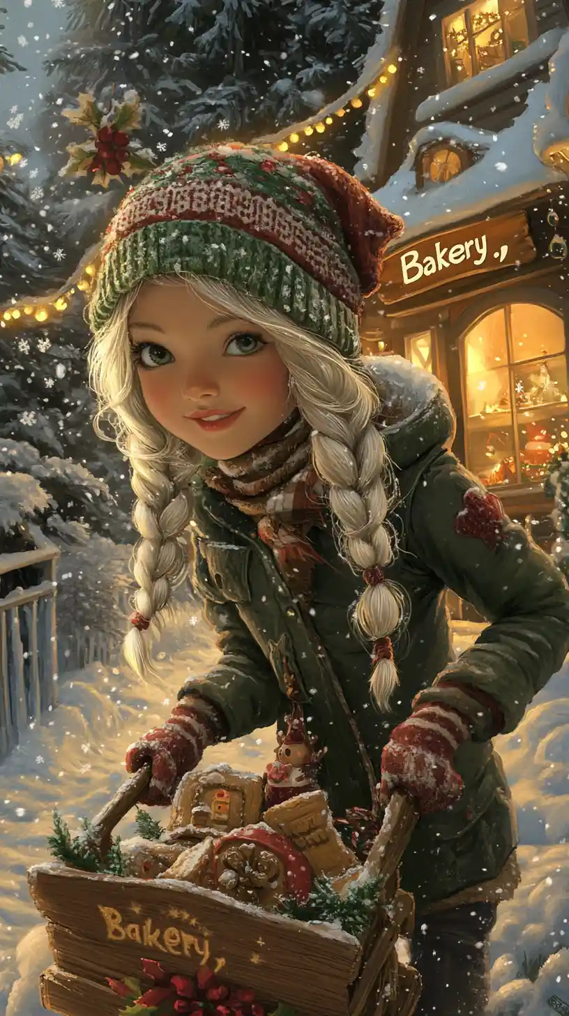 Girl Pulling Christmas Sled Past Cozy Snowy Bakery