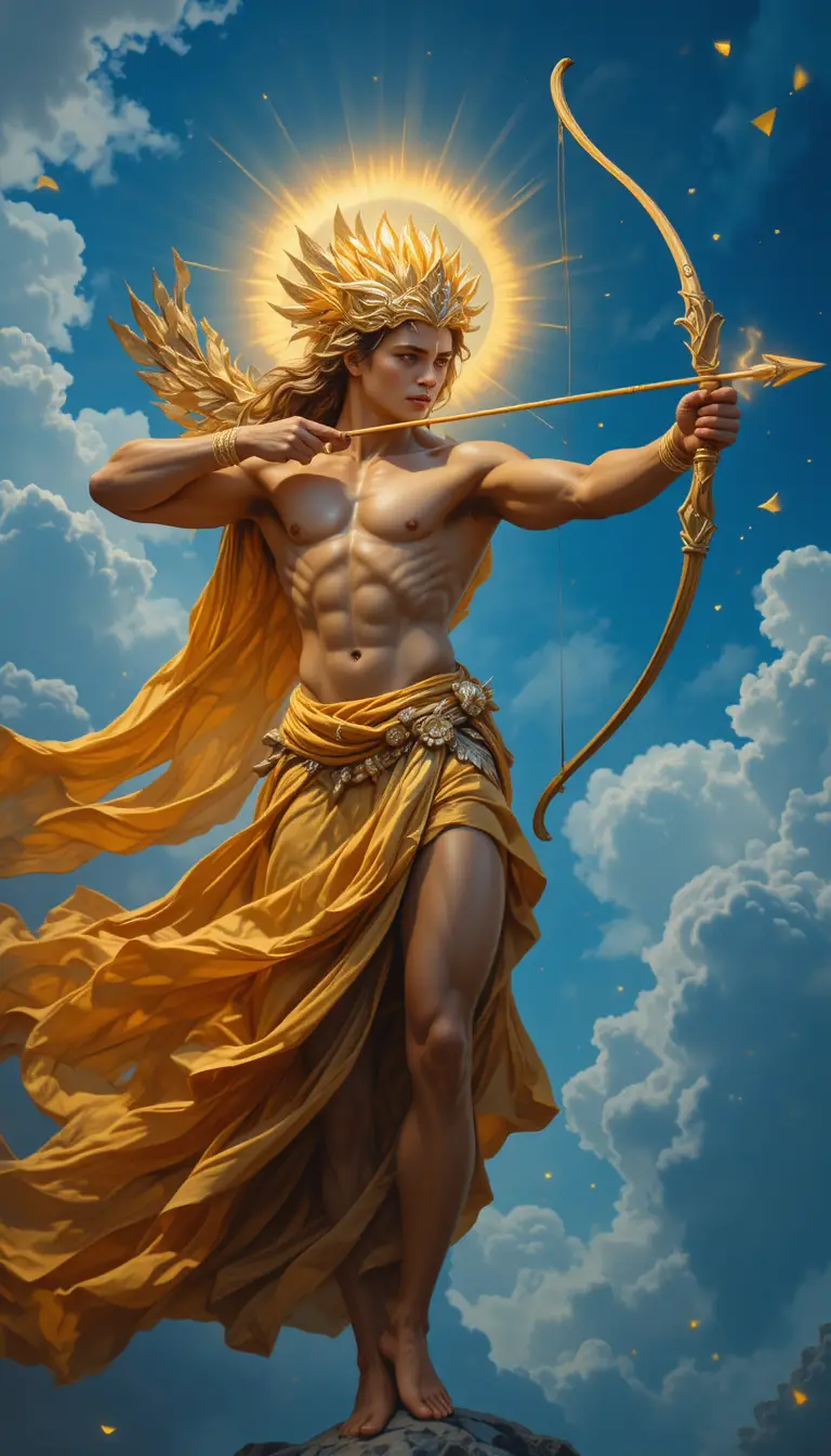 Celestial archer with flaming arrow in radiant sky