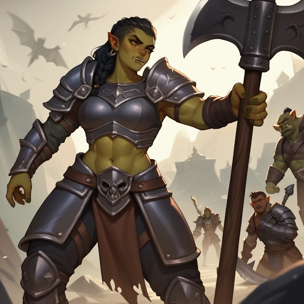 Half orc paladin in dark armor with battle axe