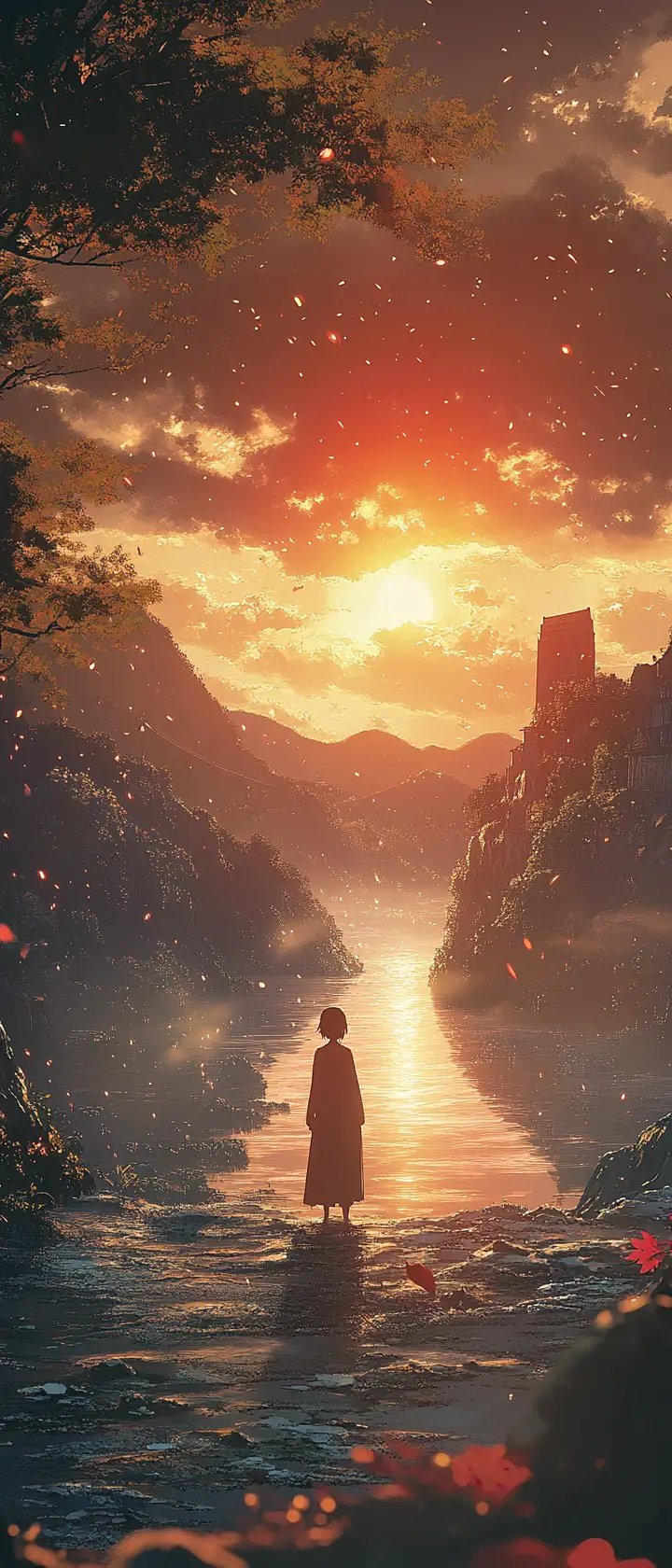 Woman smiling before a cosmic eclipse in anime style