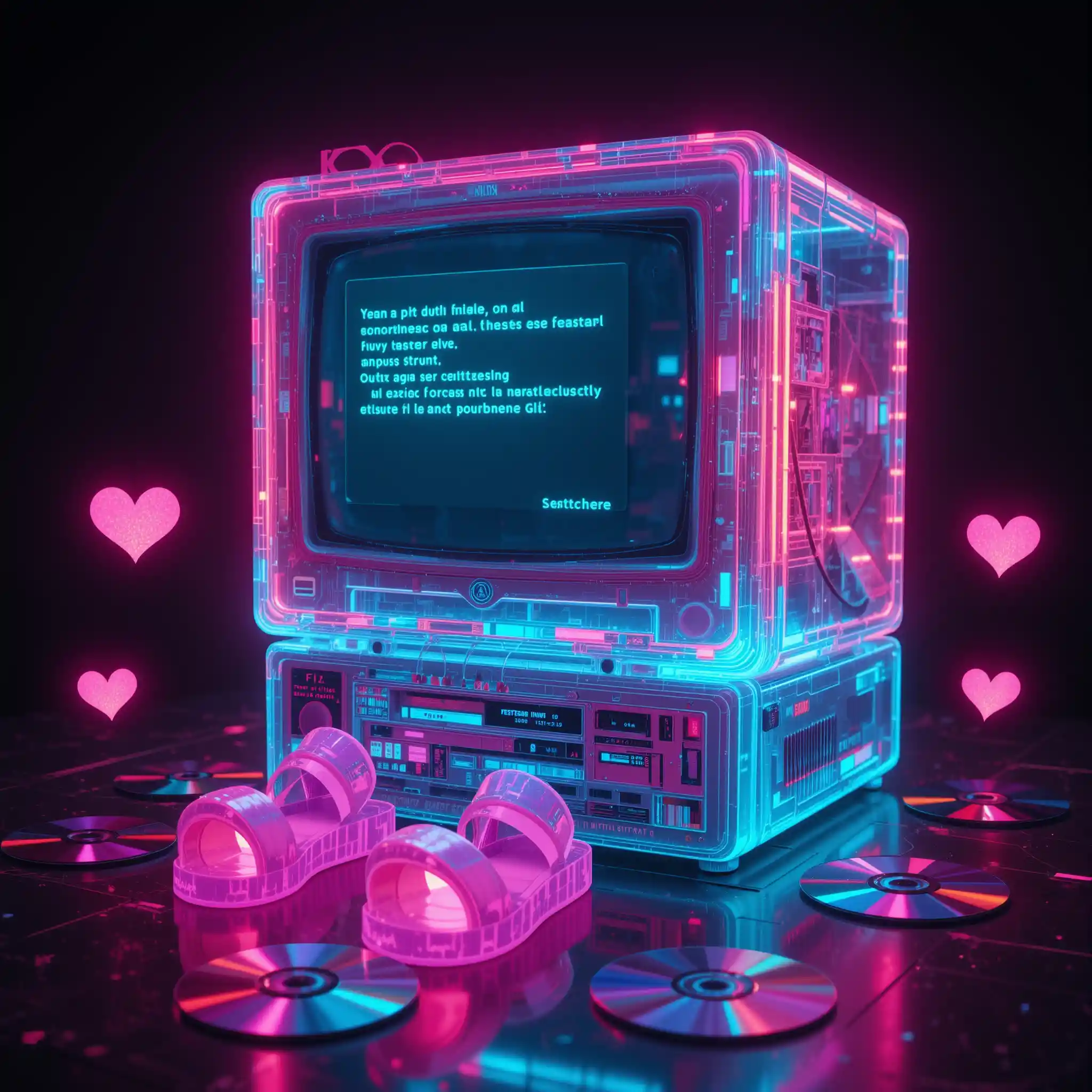Computer olografico glitch con caos digitale retrò al neon