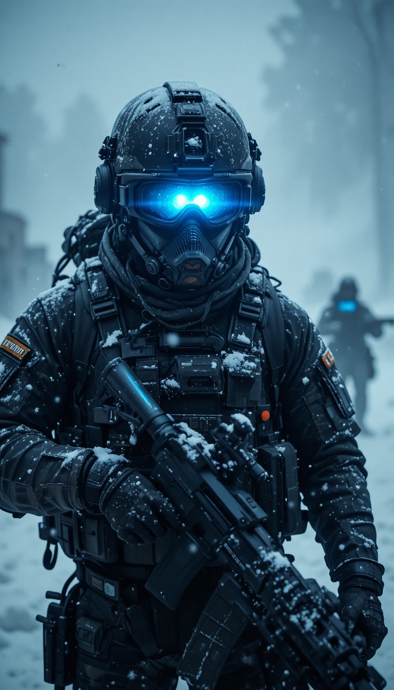 Soldado con gafas de visión nocturna en paisaje nevado oscuro