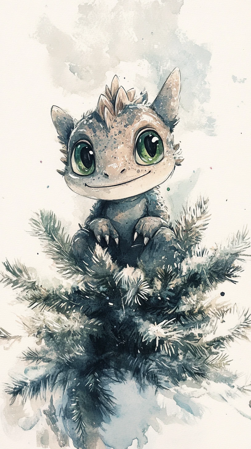 Winziger Aquarelldrache im Weihnachtsbaum