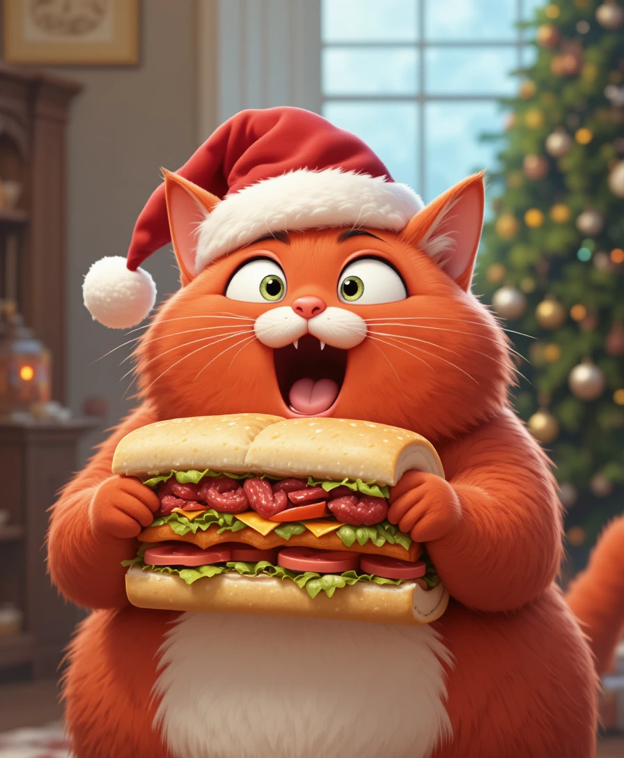 Chubby cartoon cat in santa hat holding giant caviar sandwich