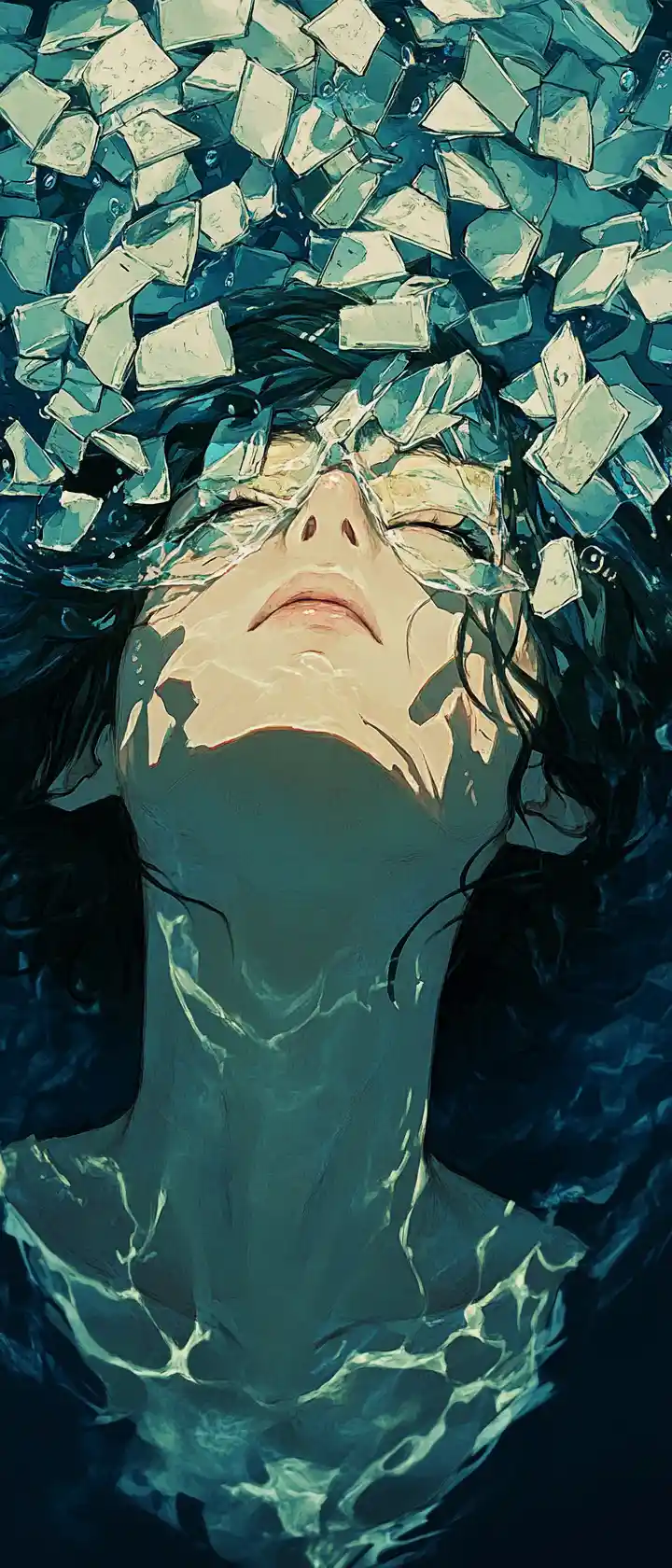 Man drowning in a surreal river of shattered words