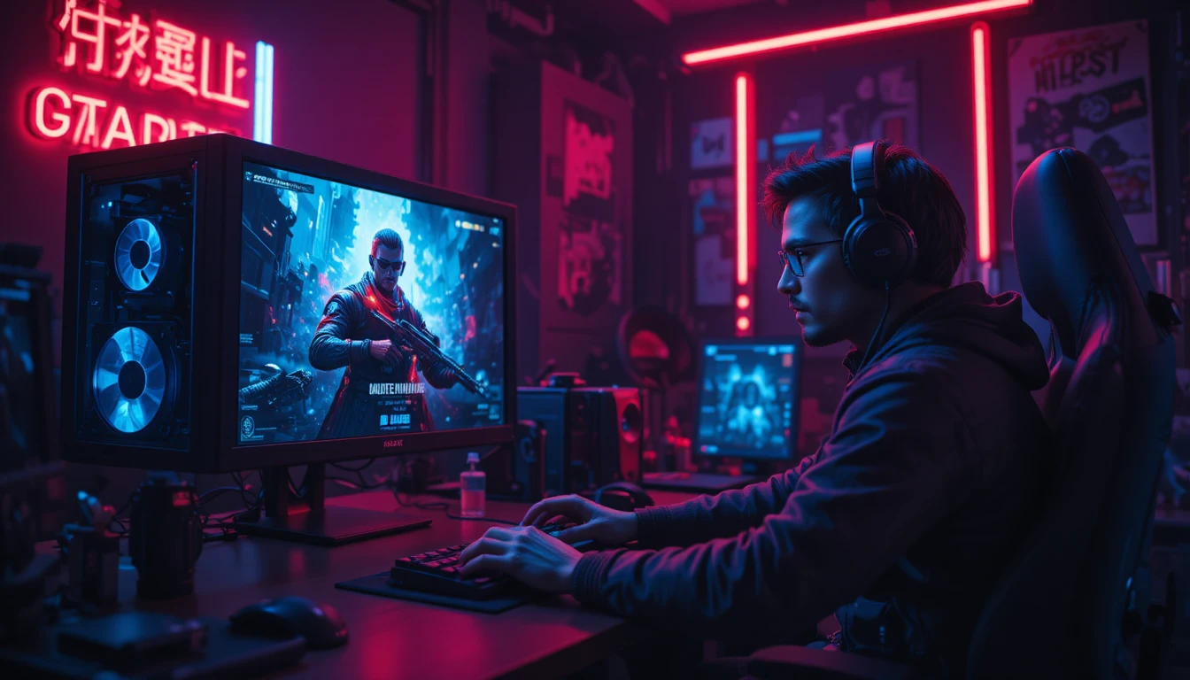 Gamer pro concentré dans une salle de gaming éclairée au néon