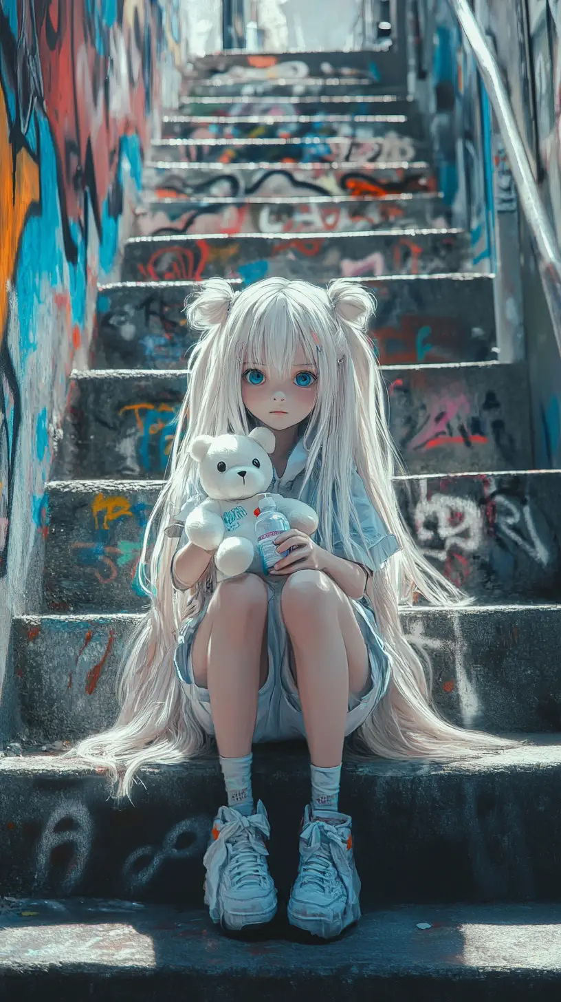 Anime girl on graffiti steps with white teddy bear