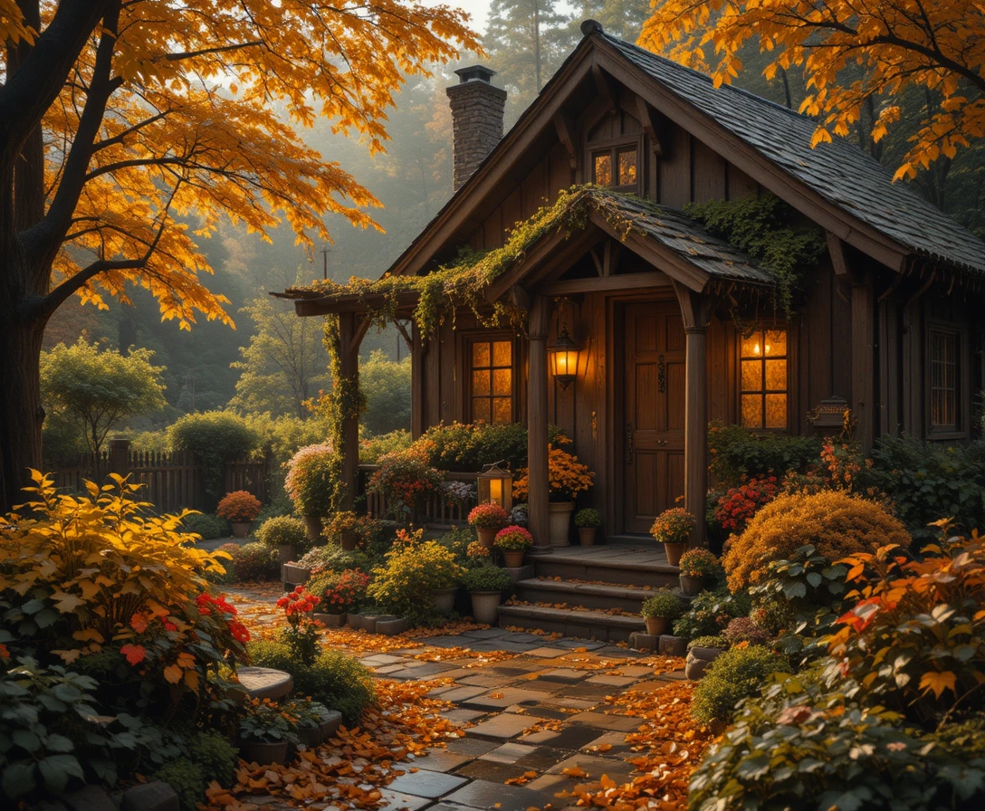 Gemütliche Cottage-Veranda in einem herbstlichen Regen­garten