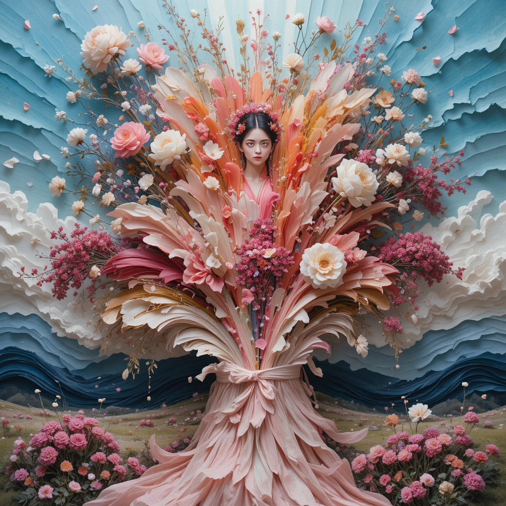 Textile collage sculpture built from silk cotton and petals