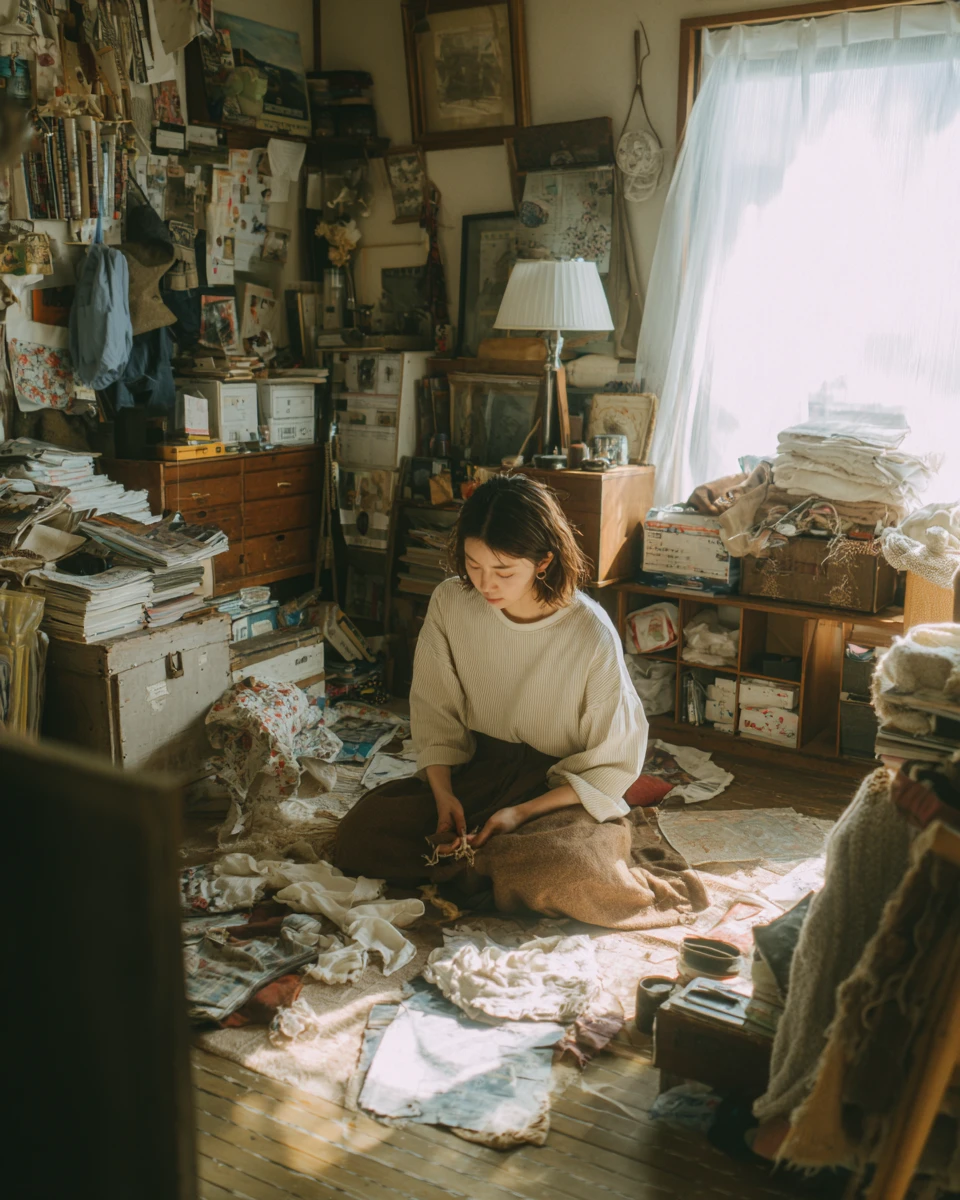 Person mending clothes on floor in retro Japanese living room