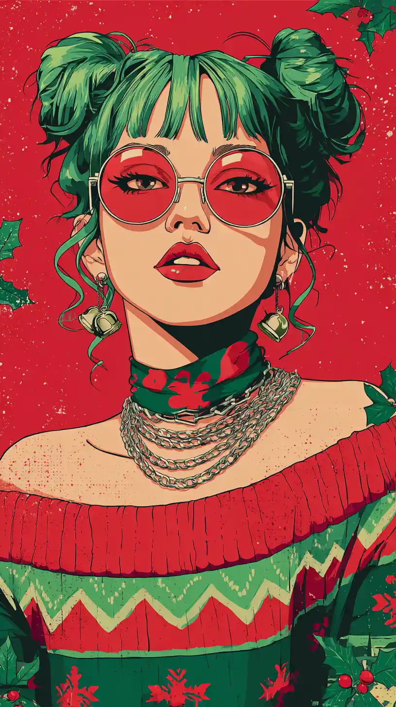 Pop art portrait of green haired woman with christmas style