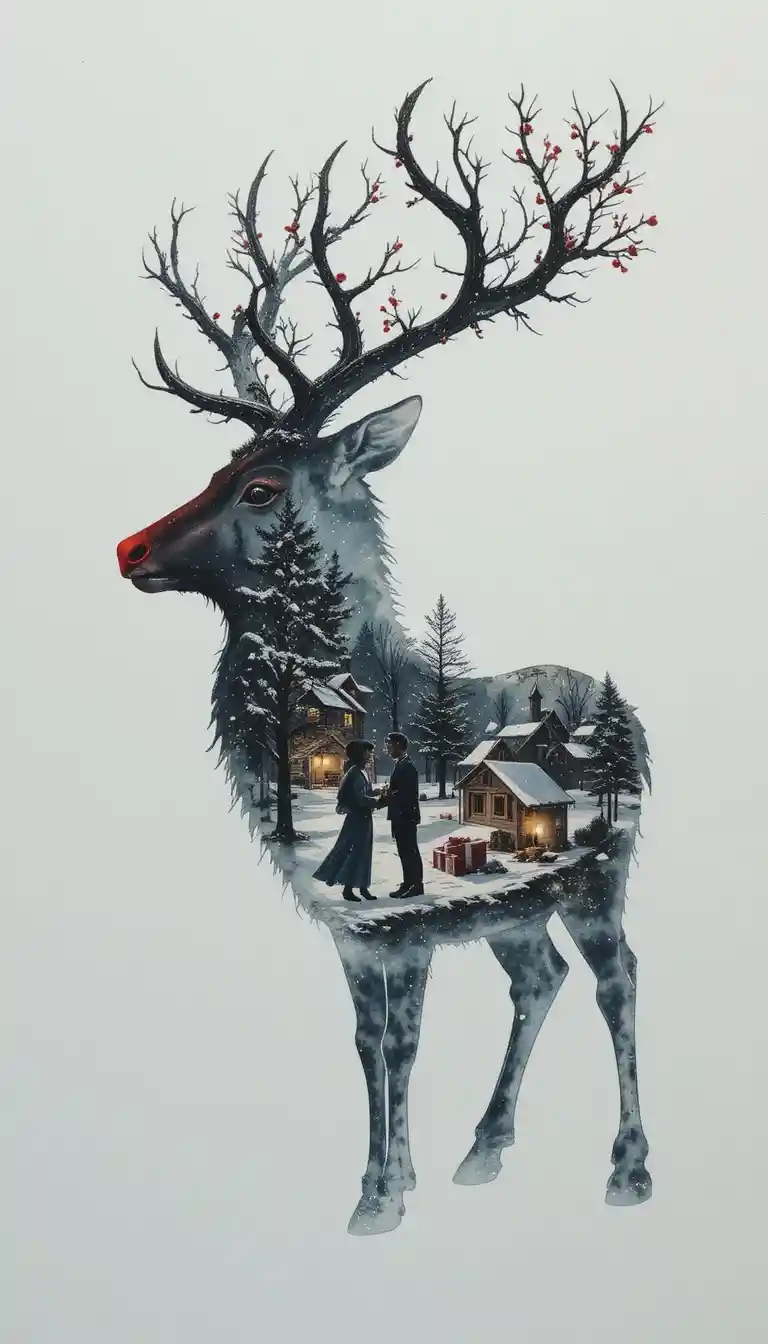 Double exposure reindeer silhouette with snowy village scene