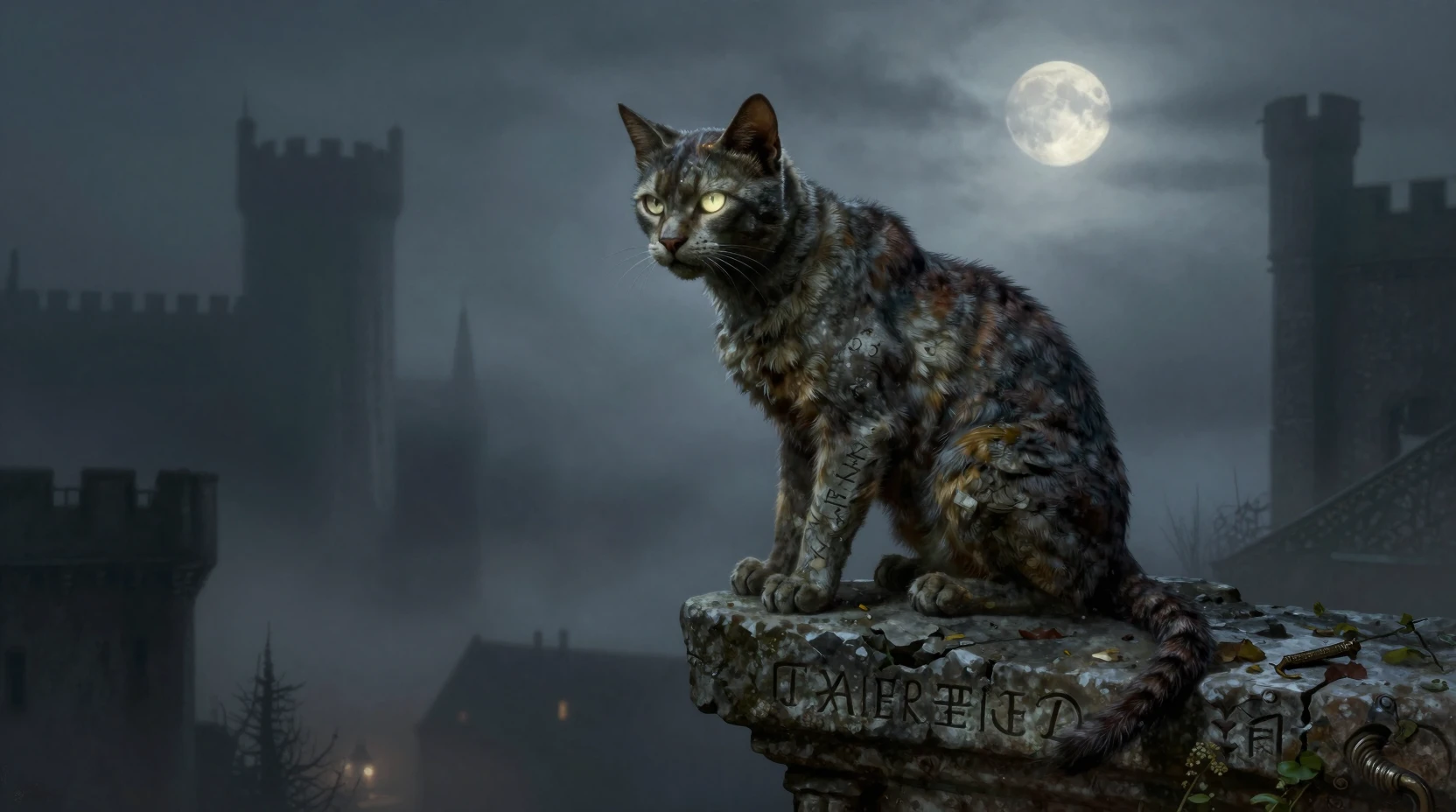 Chat borgne sur gargouille au-dessus d’une ville médiévale brumeuse