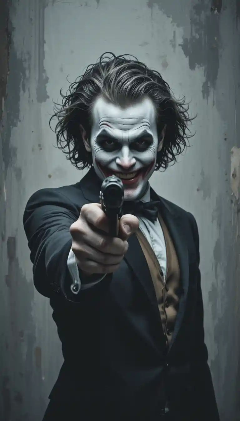 Man in dark suit aiming pistol with joker grin makeup