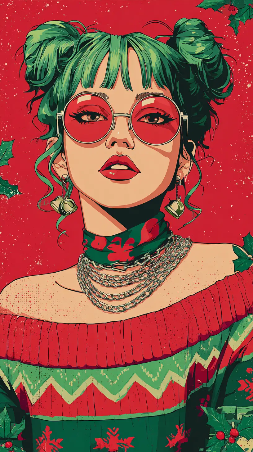 Pop art portrait of green haired woman with christmas style