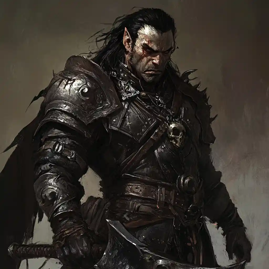 Vengeful half orc paladin in dark armor with battle axe