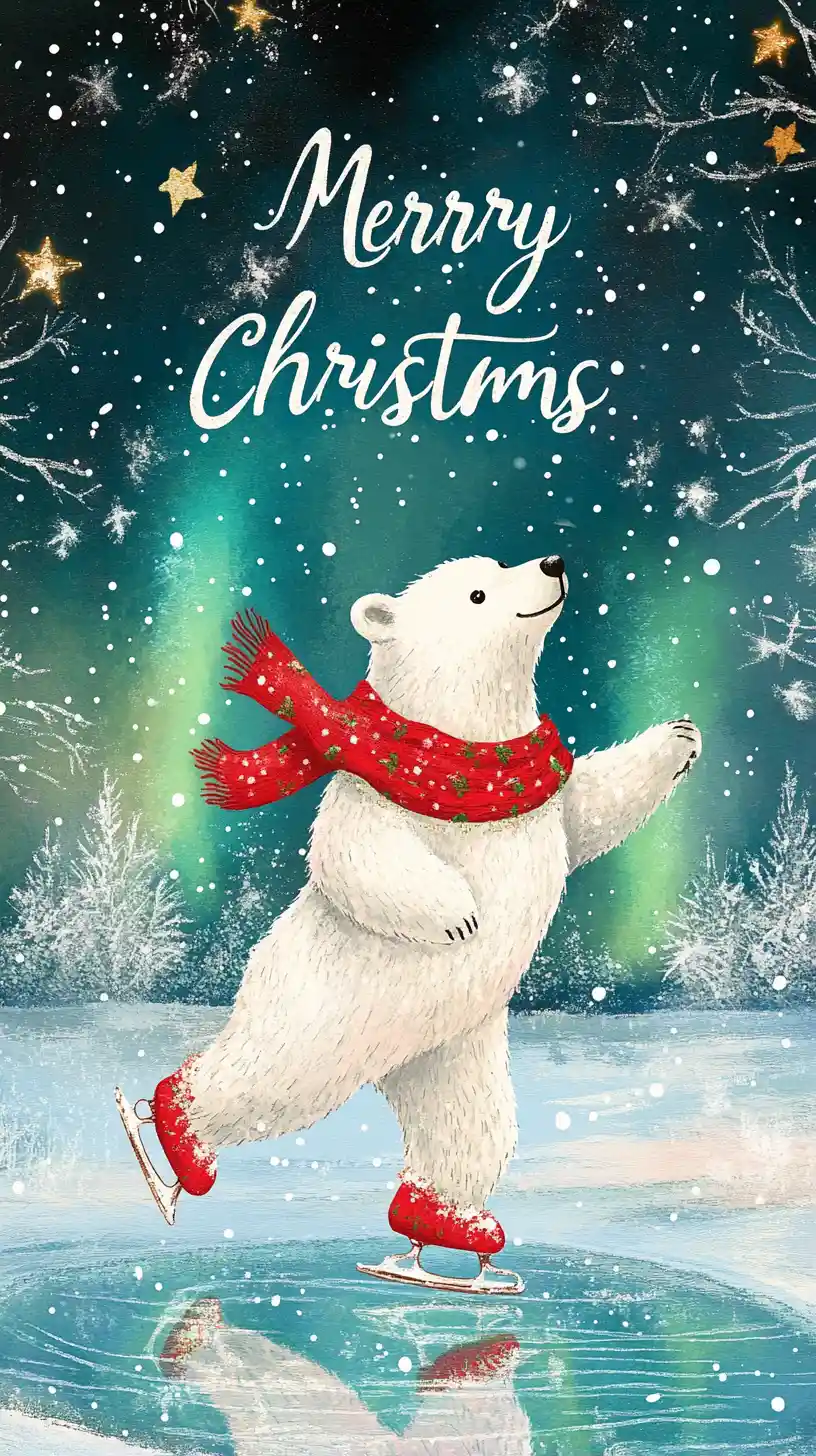 Polar bear skating on a frozen pond under northern lights