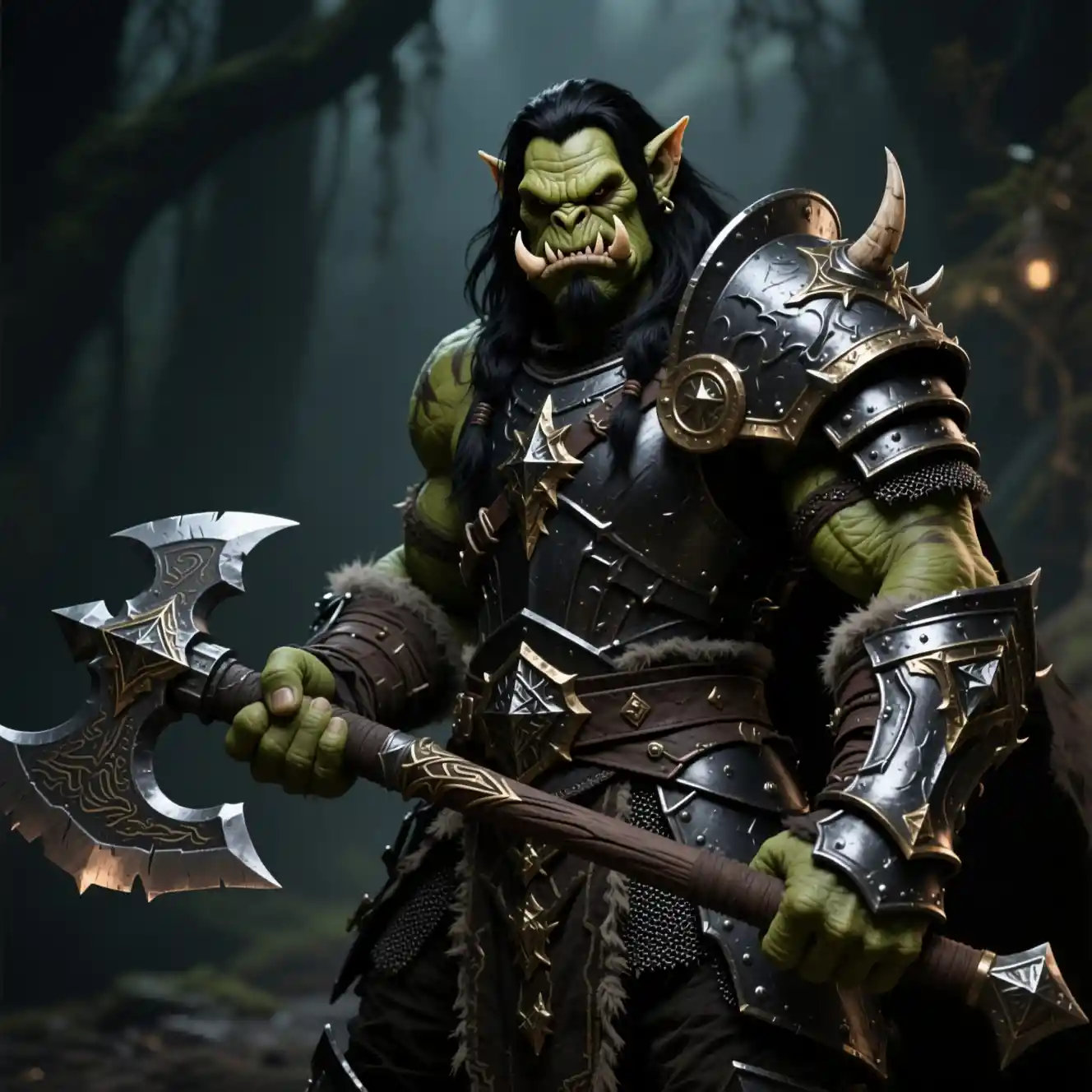 Vengeful half orc paladin in dark armor with battle axe