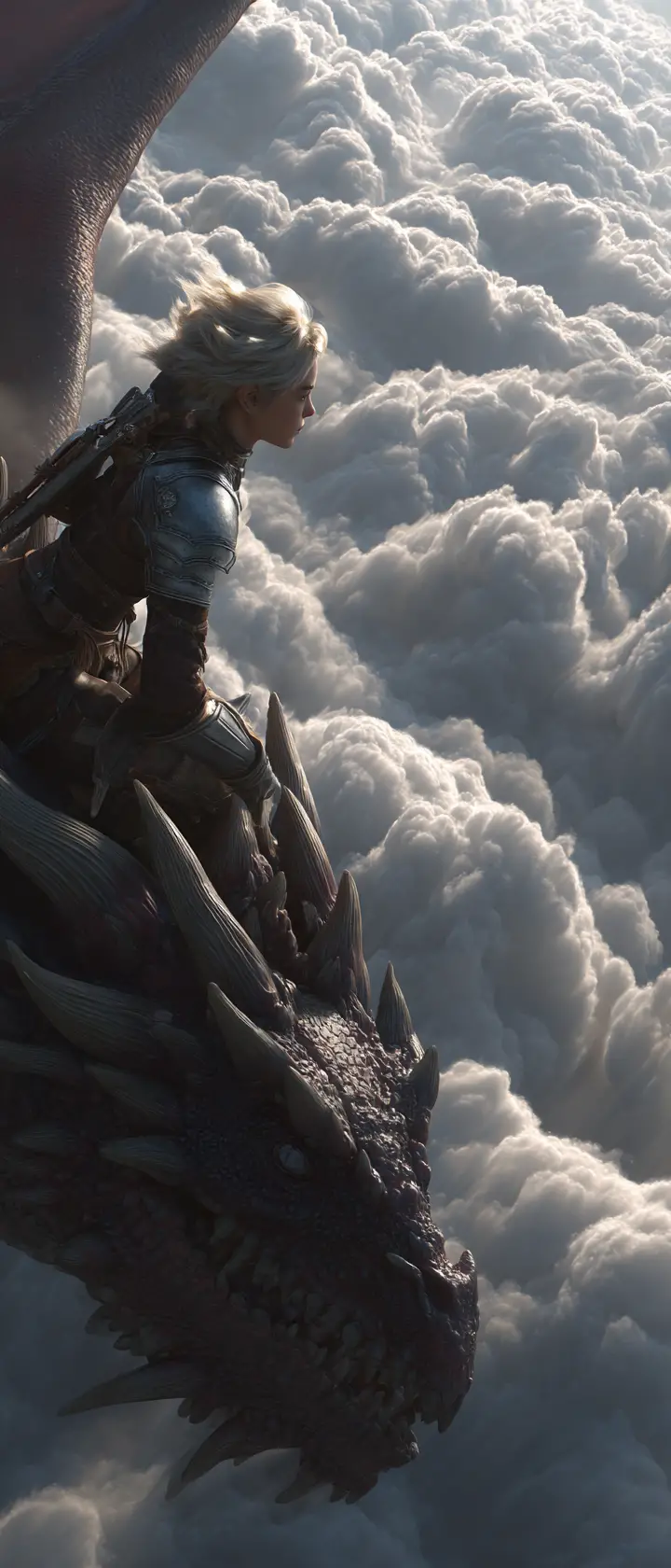 Armored girl riding a dragon through stormy clouds