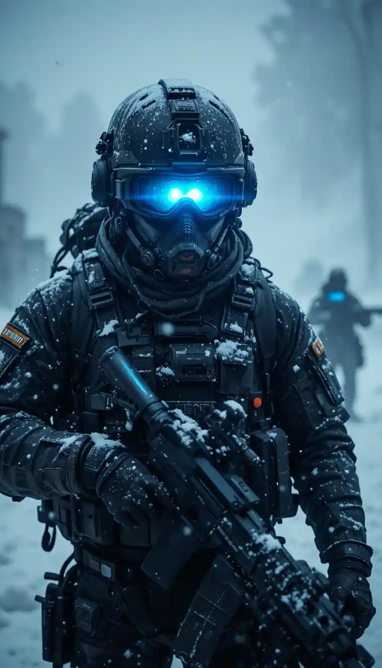 Soldado con gafas de visión nocturna en paisaje nevado oscuro