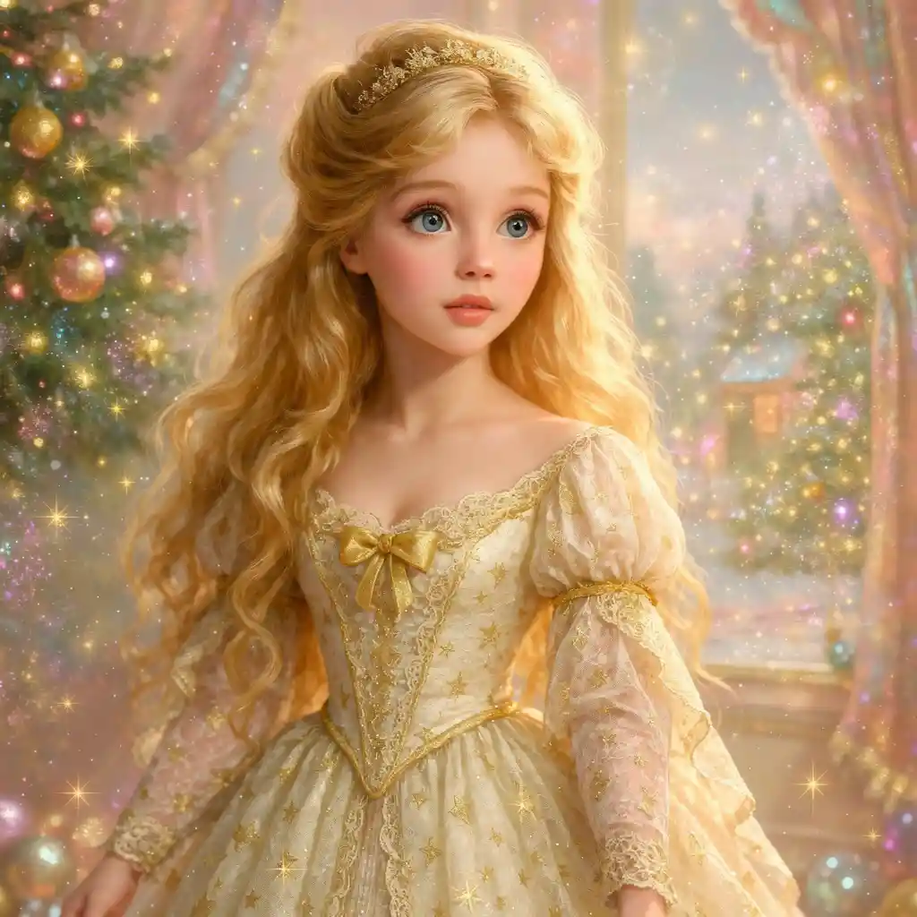Fillette de conte de fées aux cheveux dorés dans une scène de Noël magique