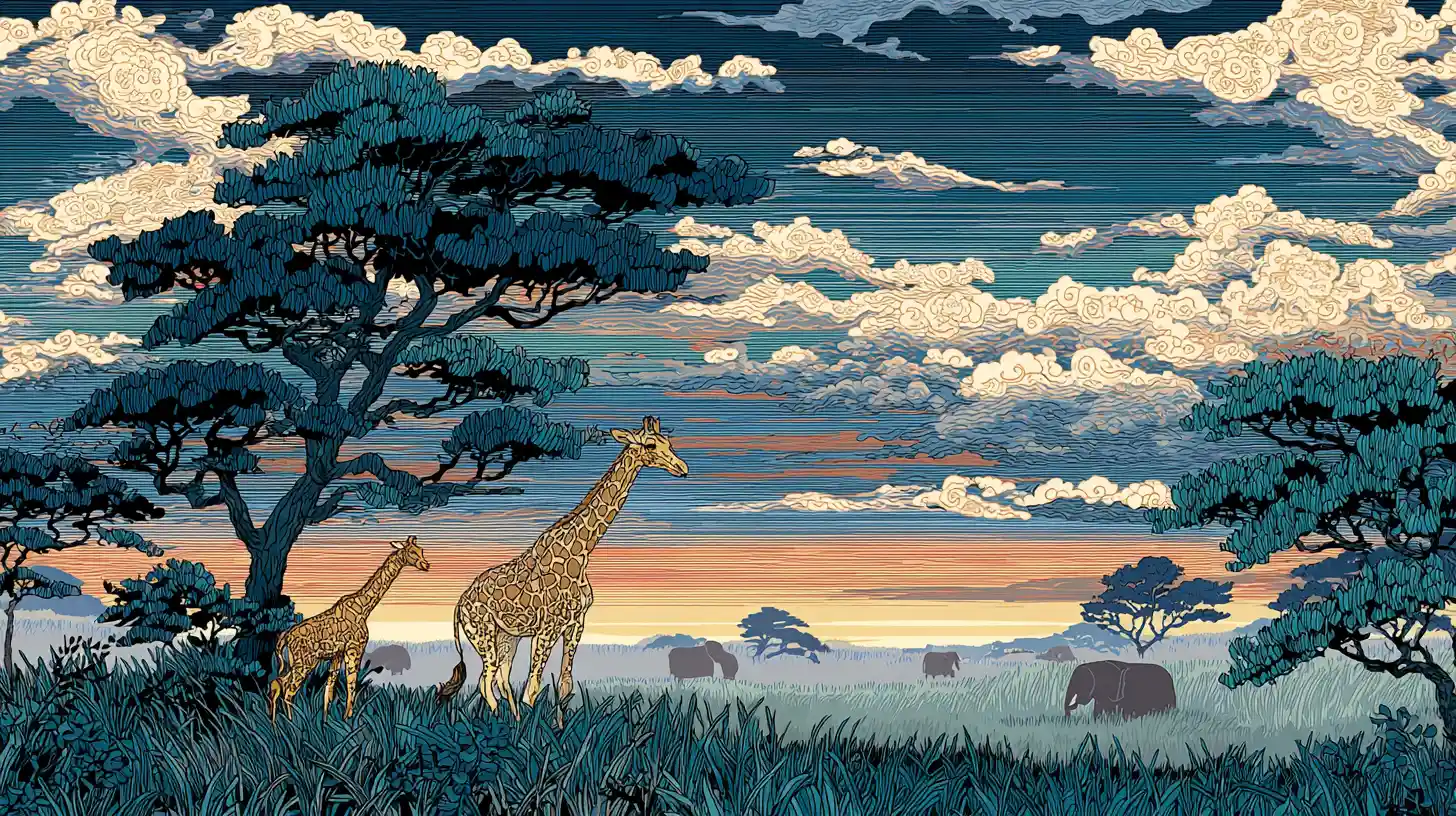 Ukiyo e savanna with giraffe family at sunset