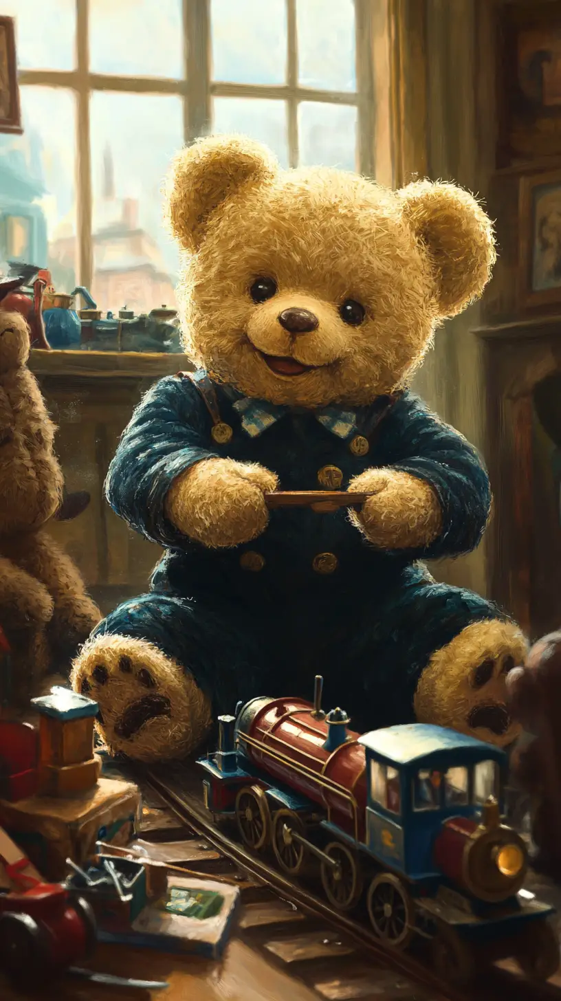 Teddy bear train driver playing with toys in daylight
