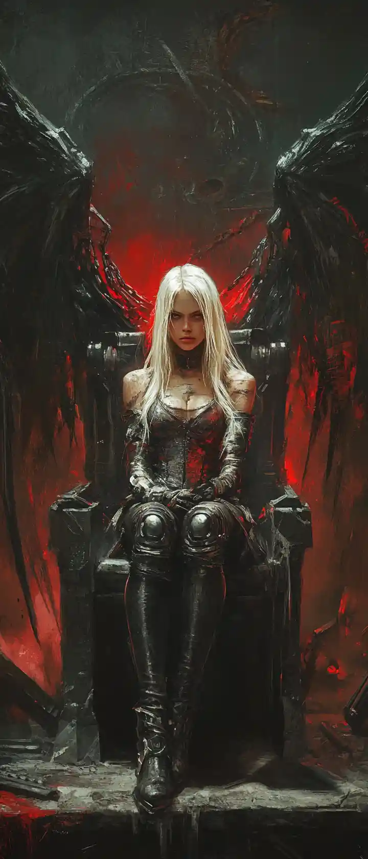 Young woman android with industrial wings in worn armor