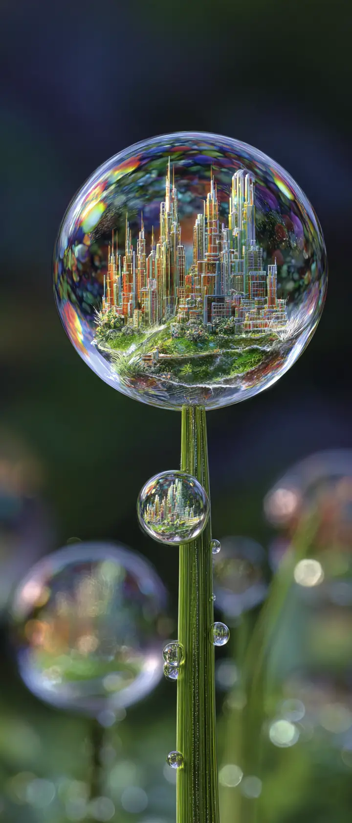 Microscopic Dewdrop City With Tiny Ethereal Beings At Sunset