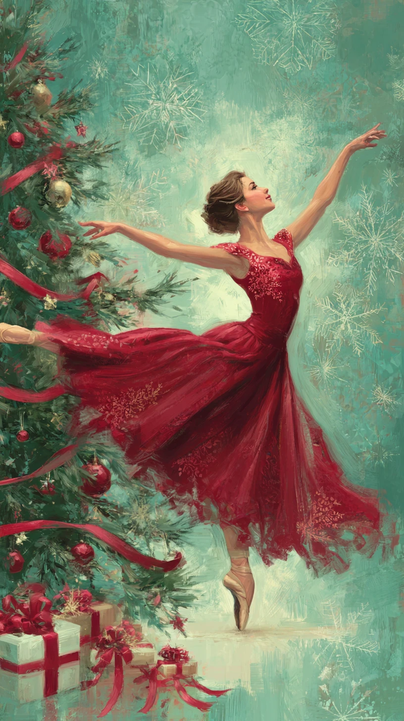 Graziosa ballerina che danza accanto a un albero di Natale festoso