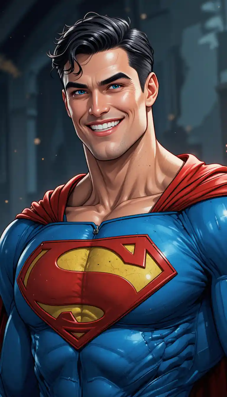 Supereroe sorridente in tuta blu con mantello rosso su sfondo scuro