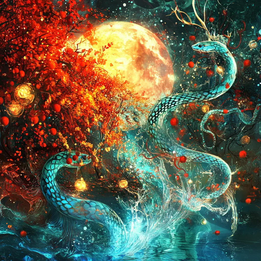 Surreal blue serpent among glowing plants underwater