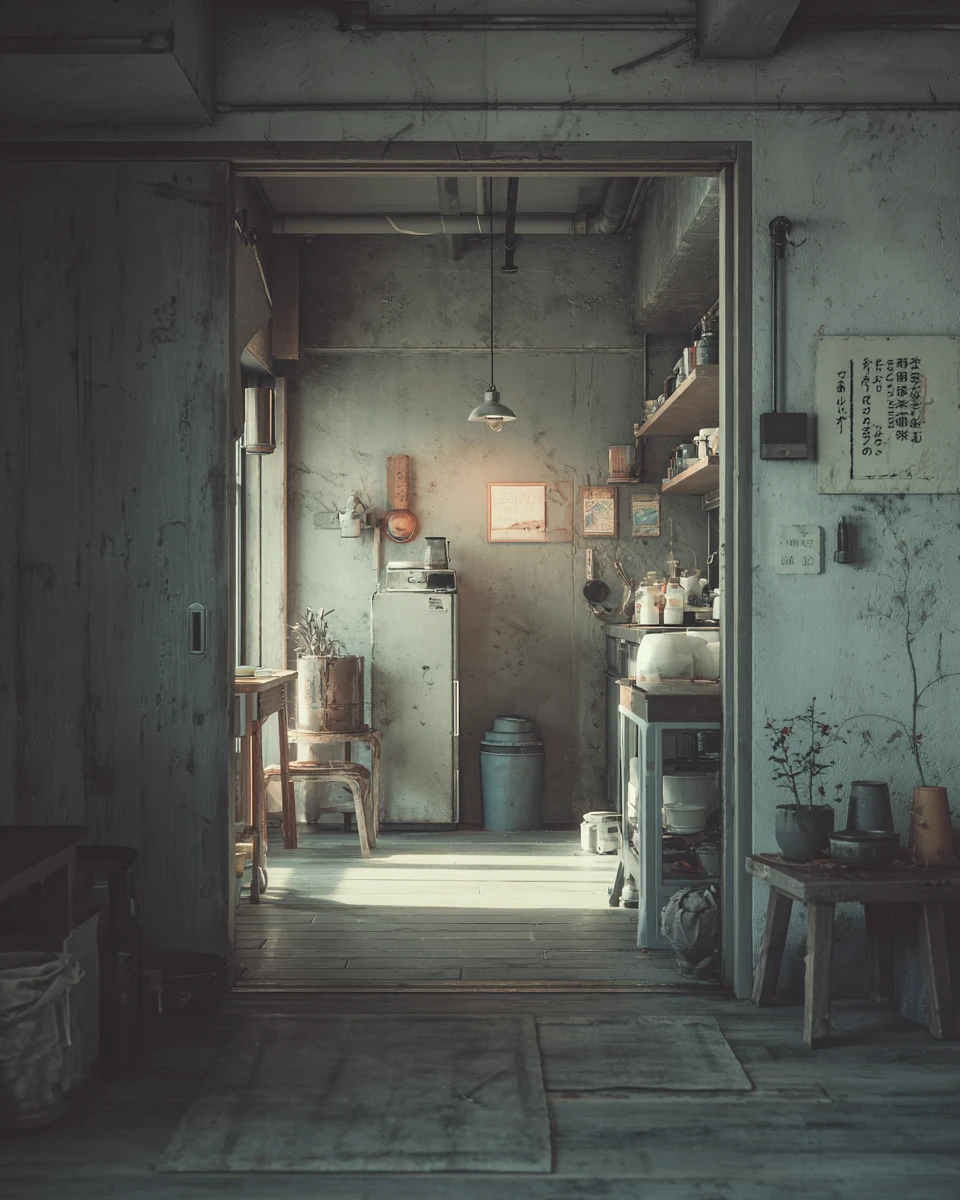 Man moving through vintage tokyo inspired domestic interior