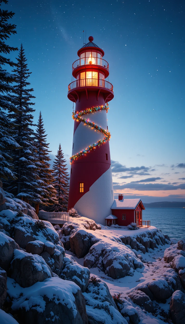Festive Lighthouse On A Snowy Rocky Coast At Twilight
