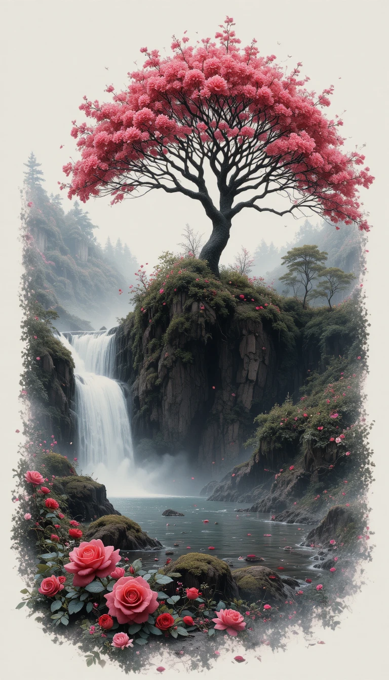 검은 배경 위 붉은 장미와 분홍 장미, 그리고 폭포