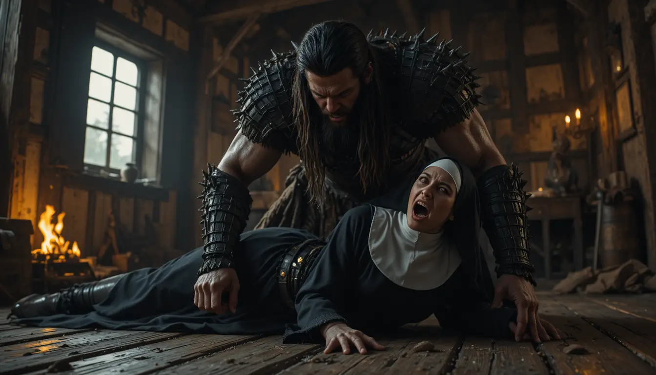 Barbarian Warrior Menacing Nun In Dark Medieval Cottage