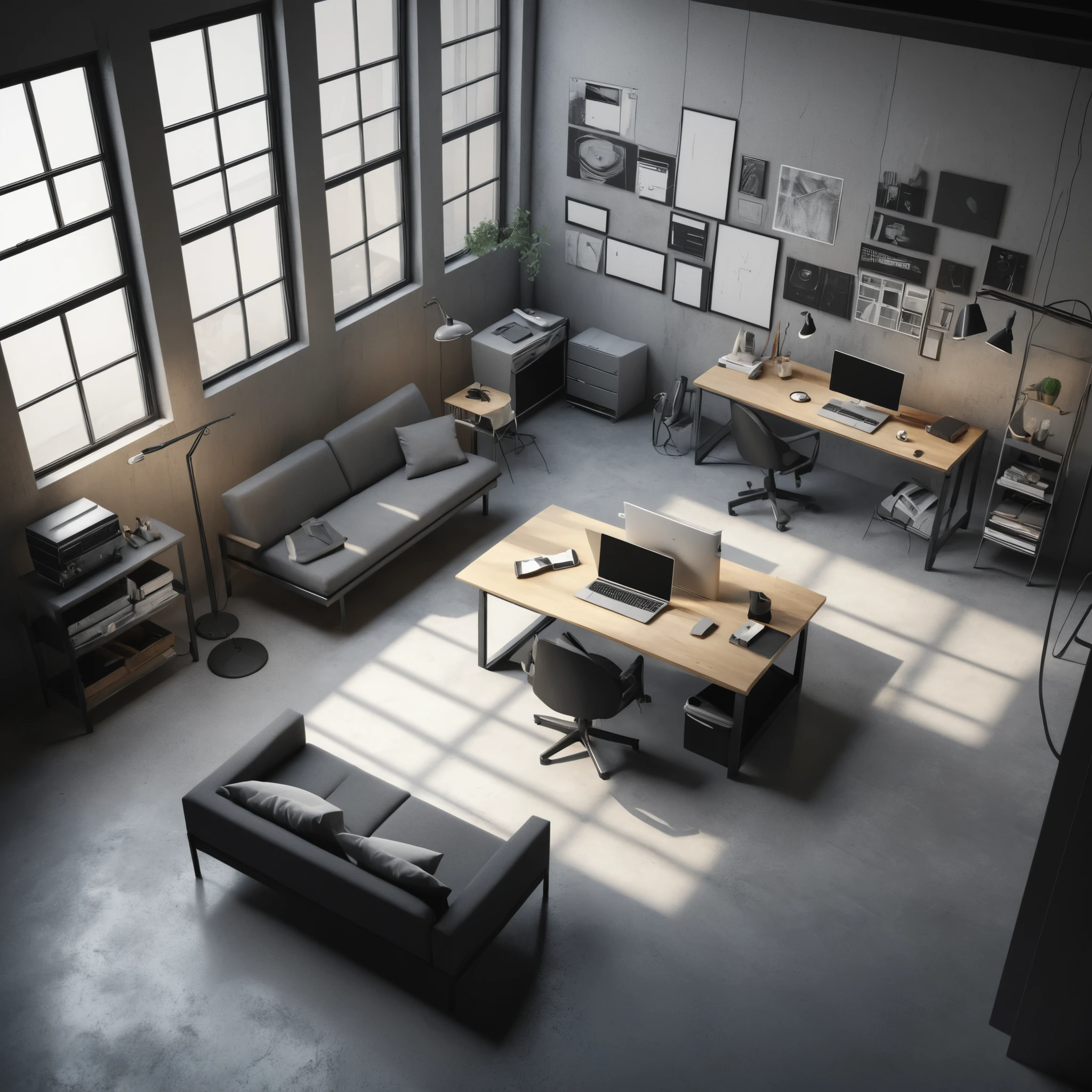 Minimalist architect studio apartment with drafting table