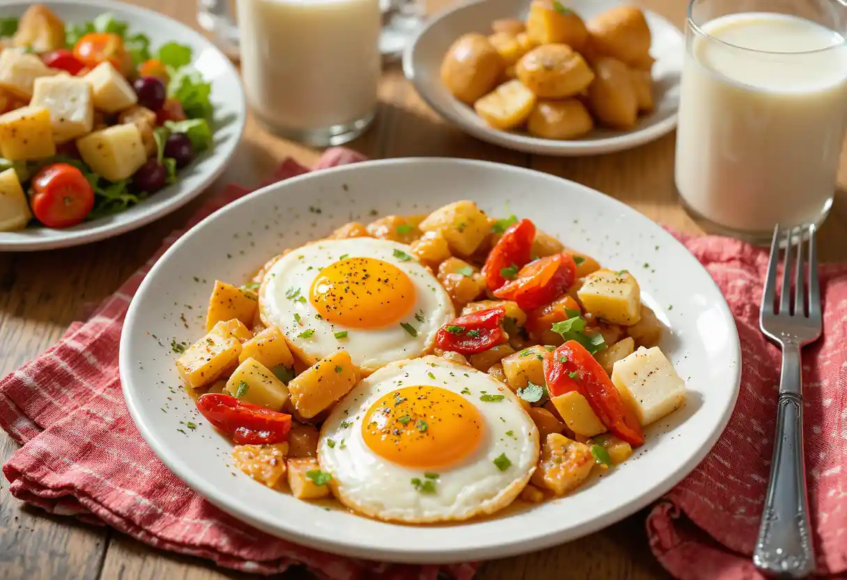 Desayuno soleado con huevos, patatas, ensalada y leche