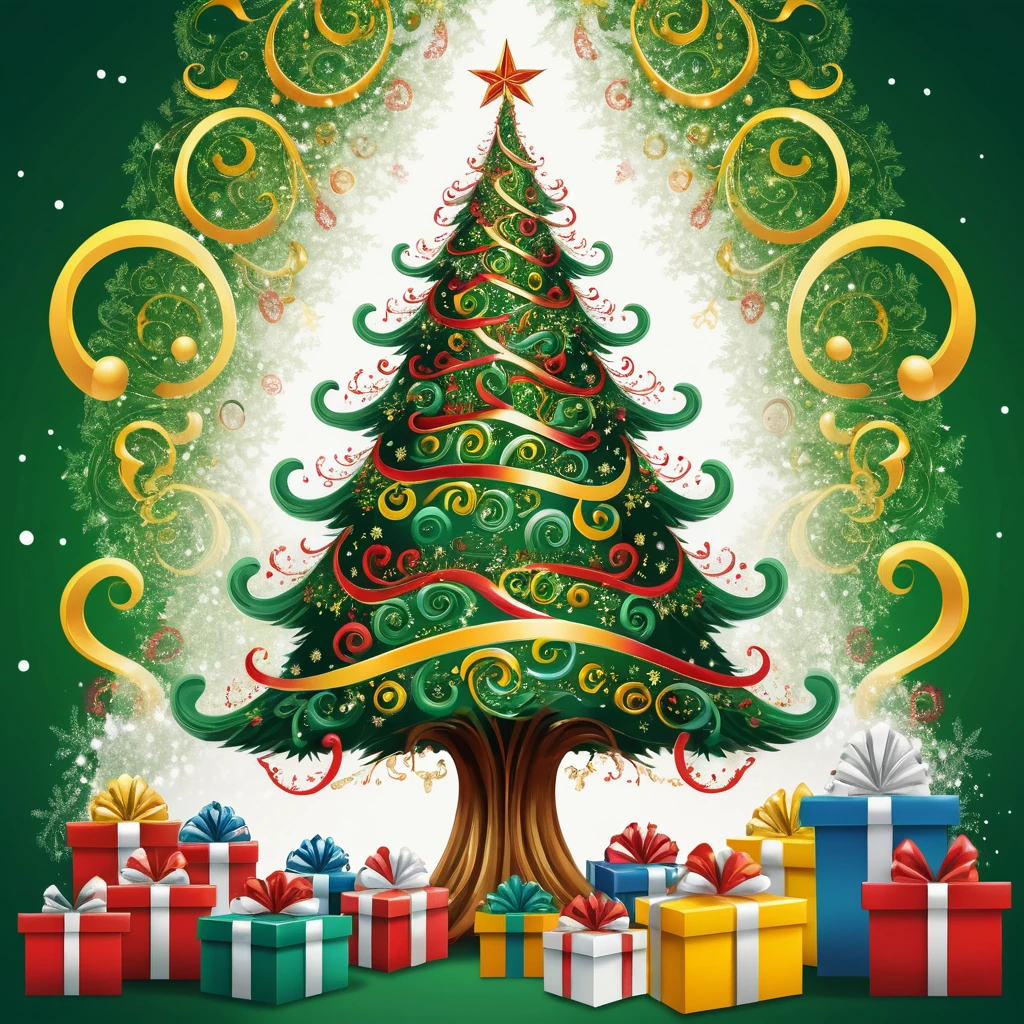 Calligraphic green Christmas tree with colorful swirling feathers