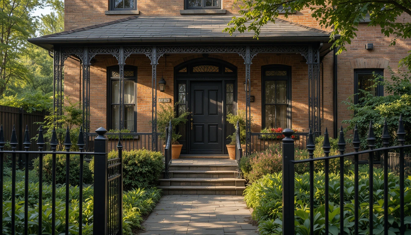 Inviting Brick House With Wrought Iron Fence And Garden