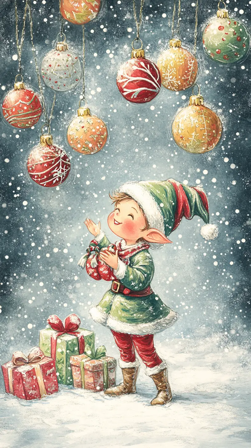 Whimsical elf in a snowy north pole christmas scene