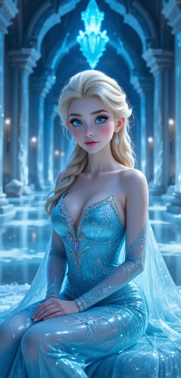 Ice queen in a shimmering gown inside crystal ice palace