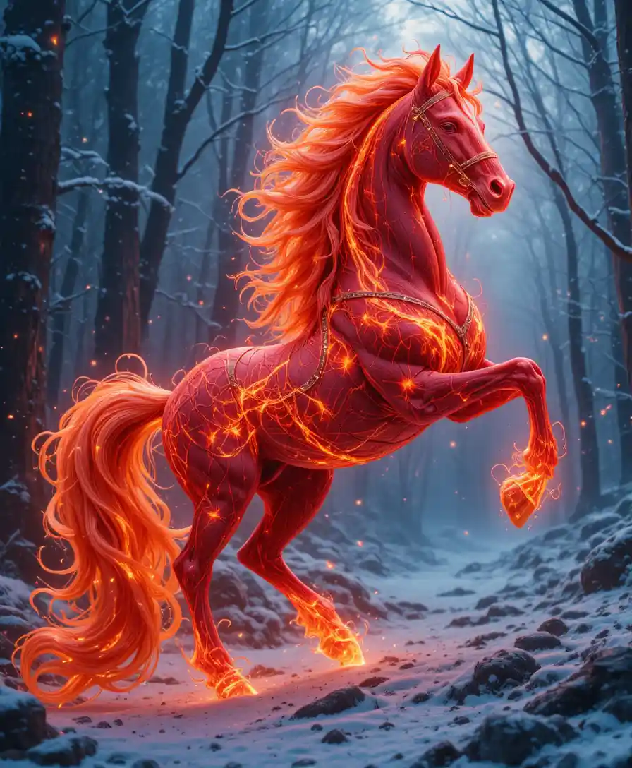 Fiery red horse rearing in a glowing enchanted forest
