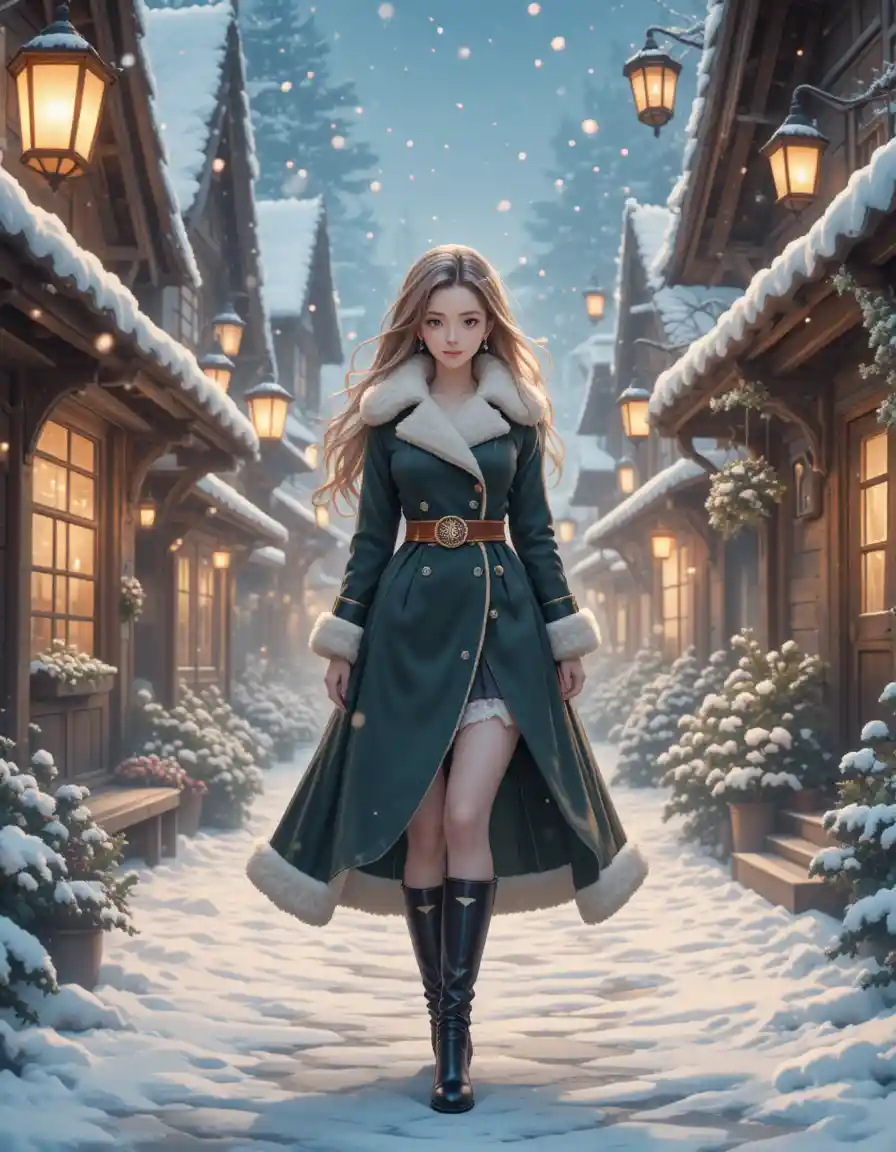 雪の中、ランタンが灯る幻想的な村を歩くアニメ女性