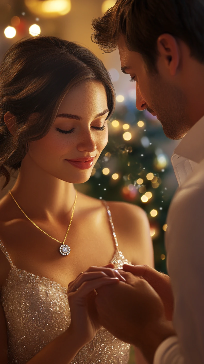 Man giving diamond necklace to woman on Christmas morning