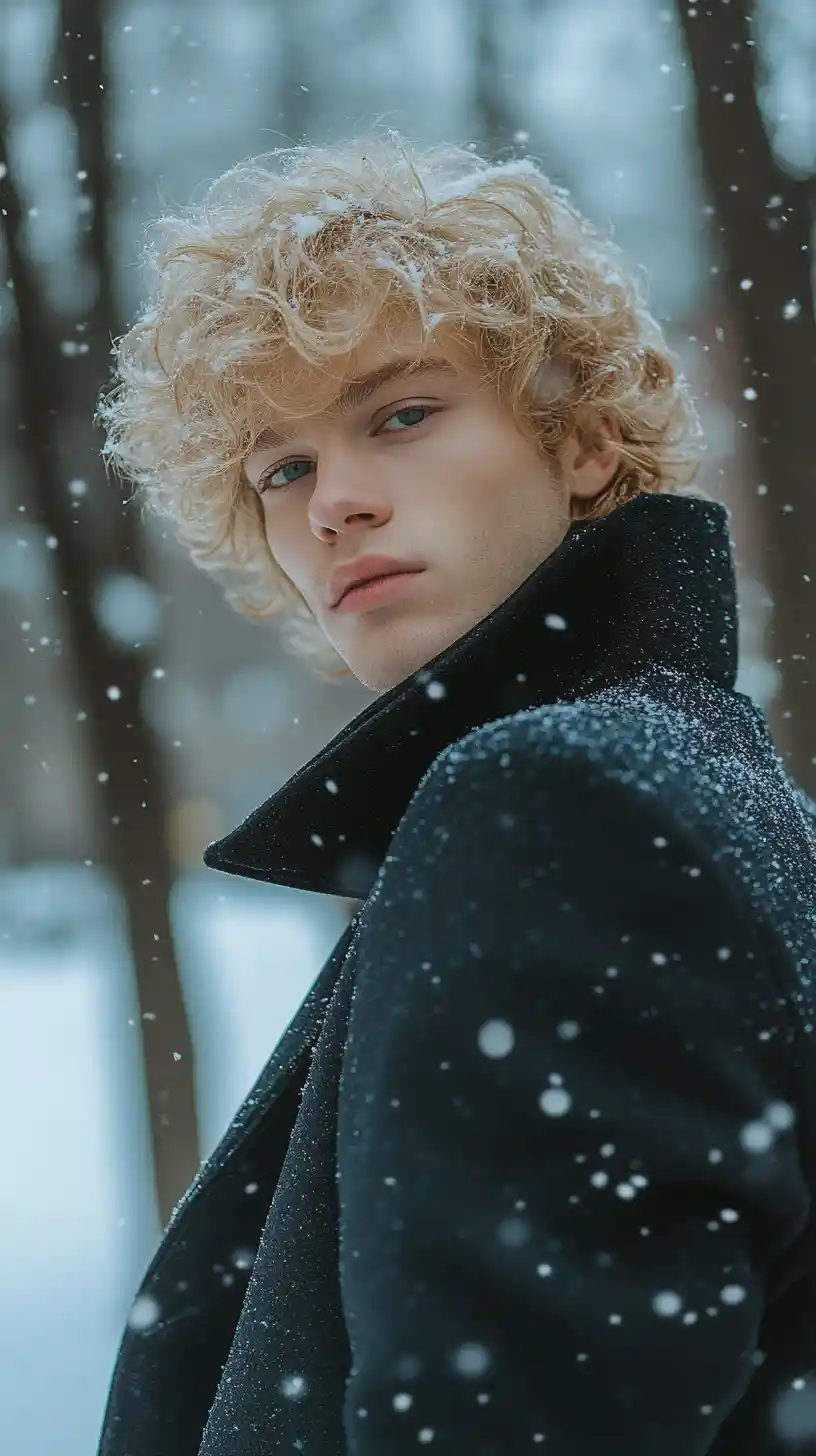Handsome blond male dancer in snowy central park